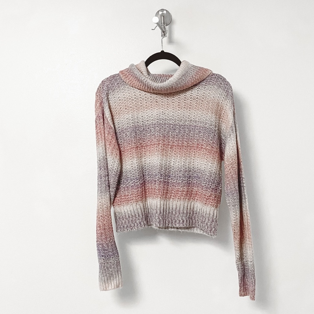 Stitch & Pine Fall Rainbow Chunky Knit Cowl Turtleneck Sweater‎ Pink Lavender